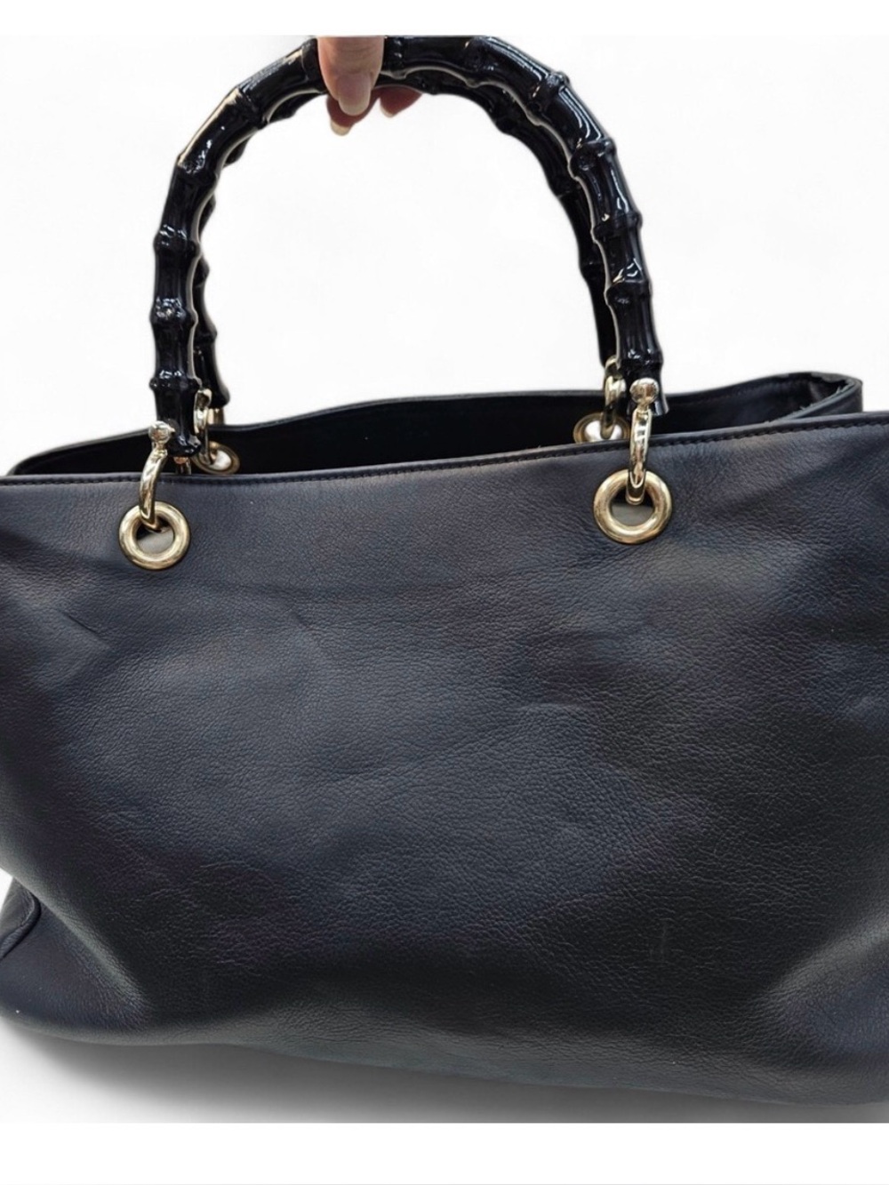Mark & Graham Black Leather Tote with Bamboo-Style Handles
